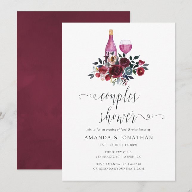 Convite Chá de Bebê de Casal Boho Burgundy e Azul Marinho  (Frente/Verso)
