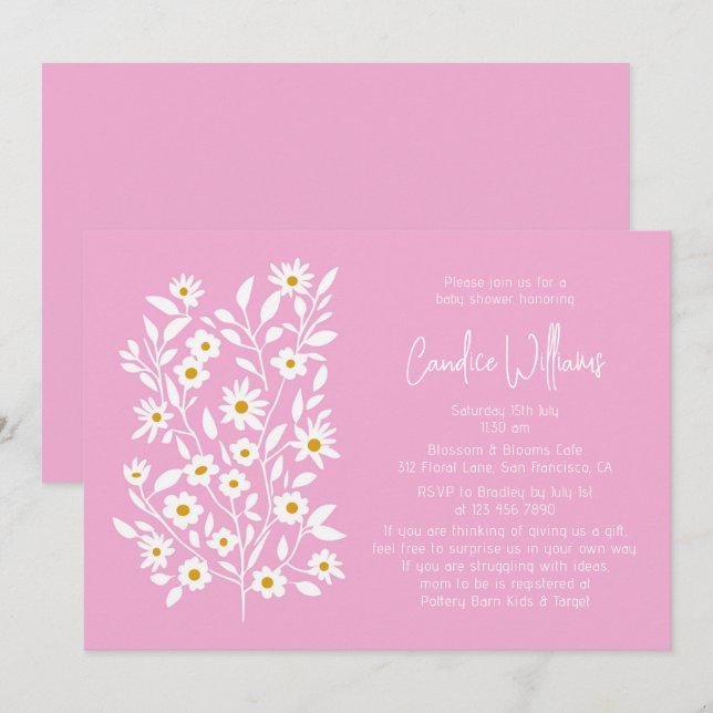 Convite Chá de Bebê de Casal com Flores Rosa Modernas (Frente/Verso)