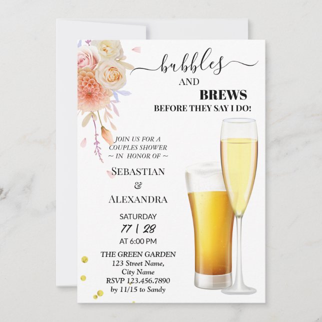 Convite Chá de Bebê de Casal Greenery Bolhas e Cervejas (Frente)