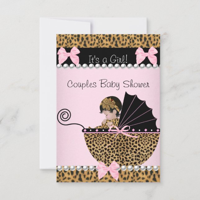 Convite Chá de Bebê de Casal Menina Fofa Leopardo Rosa (Frente)