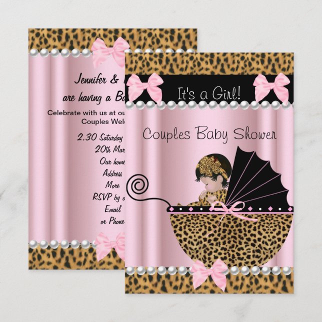 Convite Chá de Bebê de Casal Menina Fofo Leopardo Rosa (Frente/Verso)