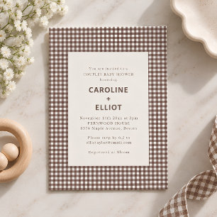 Convite Chá de Bebê de Casal Xadrez Gingham Marrom de Outo