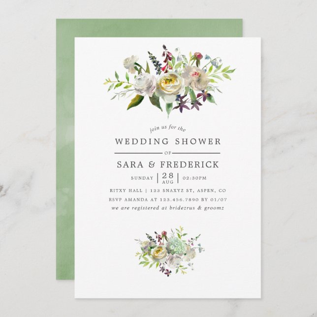 Convite Chá de Bebê de Casamento Floral em Aquarela Verde  (Frente/Verso)