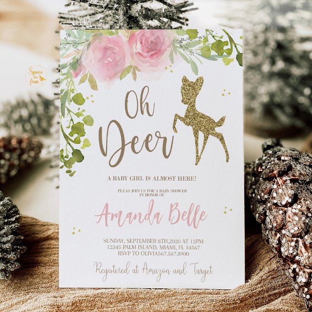 Convite Chá de Bebê de Cervo  (An "Oh Deer" baby shower invitation featuring a cute deer design with soft greenery, ideal for a woo)