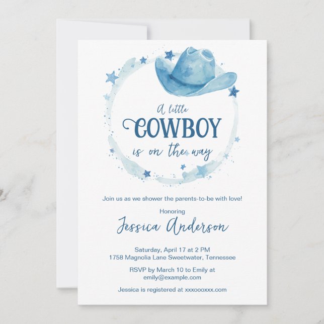 Convite Chá de Bebê de Chapéu de Cowboy Western em Aquarel (Frente)