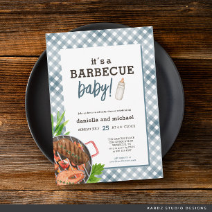 Convite Chá de Bebê de Churrasco com Xadrez Azul Moderno