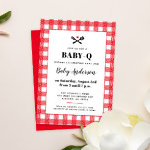 Convite Chá de Bebê de Churrasco Xadrez Vichy Vermelho e B