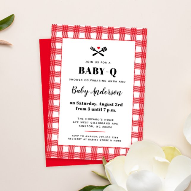 Convite Chá de Bebê de Churrasco Xadrez Vichy Vermelho e B (Criador carregado)