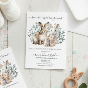 Convite Chá de Bebê de Coelhinhos Gêmeos Aquarela Casais