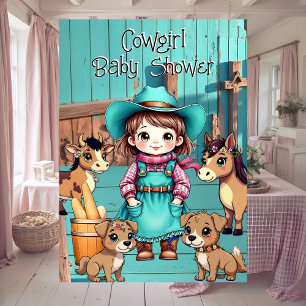 Convite Chá de Bebê de Cowgirl Fofa Azul Rosa Pets