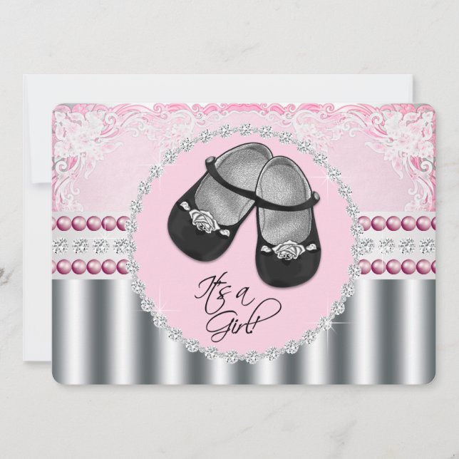 Convite Chá de Bebê de Diamantes e Pérolas Rosa Bonito (Frente)