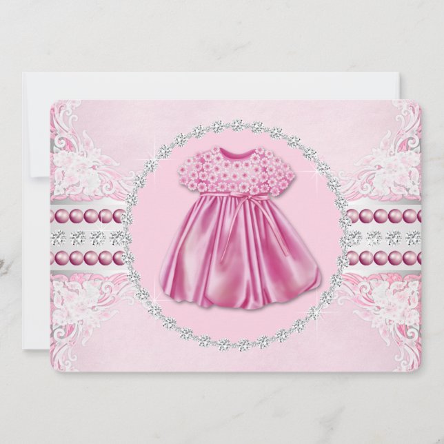 Convite Chá de Bebê de Diamantes e Pérolas Rosa Bonito (Frente)
