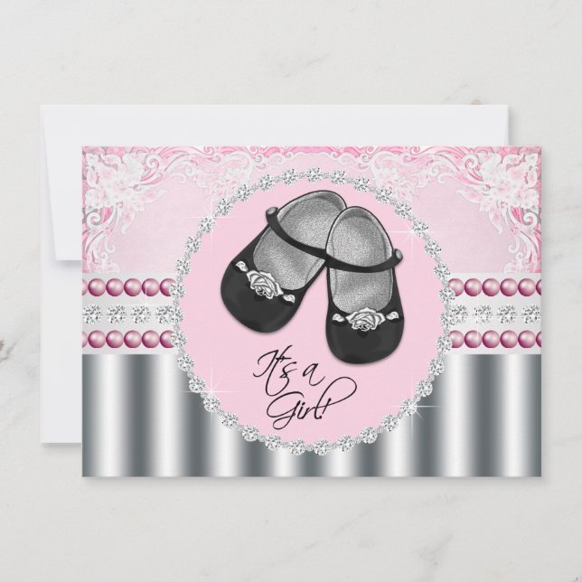 Convite Chá de Bebê de Diamantes e Pérolas Rosa Bonito (Frente)