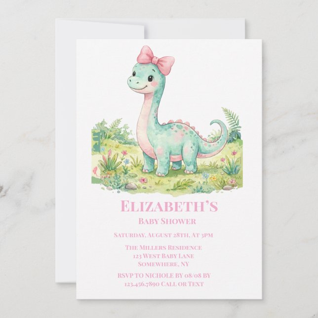 Convite Chá de Bebê de Dinossauro Fofo com Laço Rosa (Frente)