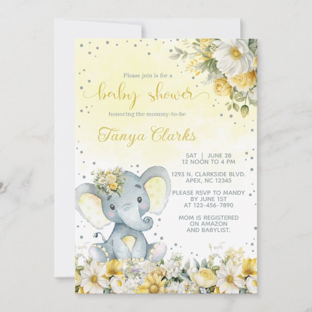 Convite Chá de bebê de elefante e flores amarelas para men (Frente)