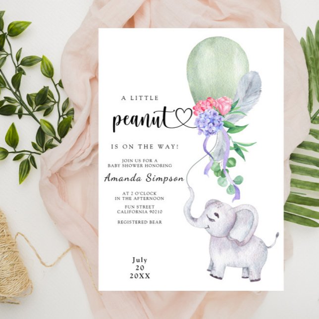 Convite Chá de Bebê de Elefante em Aquarela e Balão (Criador carregado)