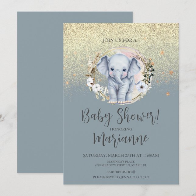 Convite Chá de Bebê de Elefante Faux Dourado Brilho Azul E (Frente/Verso)