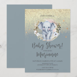 Convite Chá de Bebê de Elefante Faux Dourado Brilho Azul E