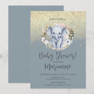 Convite Chá de Bebê de Elefante Faux Dourado Brilho Azul E