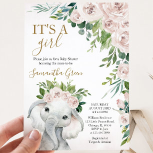 Convite Chá de Bebê de Elefante Menina