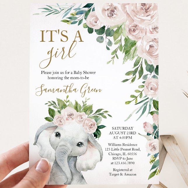 Convite Chá de Bebê de Elefante Menina (Criador carregado)