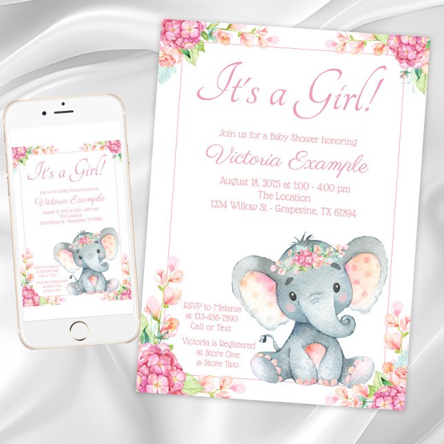 Convite Chá de Bebê de Elefante Menina Fofa (Cute Girl Elephant Baby Shower Invitation. Instant download and printed invitations available.)