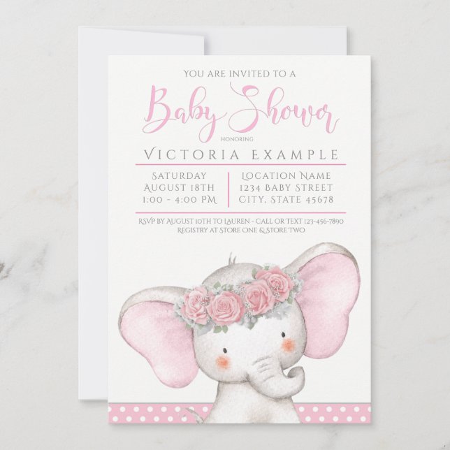 Convite Chá de Bebê de Elefante Menina Rosa Adorável (Frente)