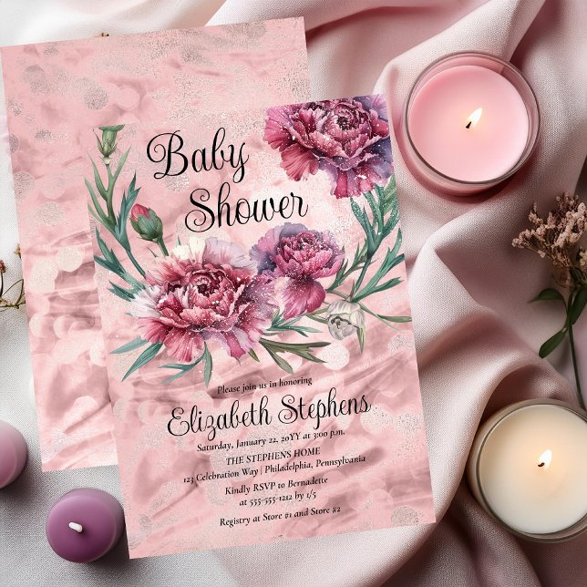 Convite Chá de Bebê de Elegantes Cravos Rosa em Aquarela (Elegant Watercolor Pink Carnations Girl Baby Shower Invitation - Print | Digital Download)