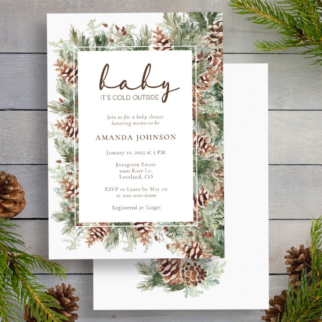 Convite Chá de Bebê de Férias de Inverno (Pinecone Evergreen Winter Holiday Baby Shower Invitation by Painted Paperie
)