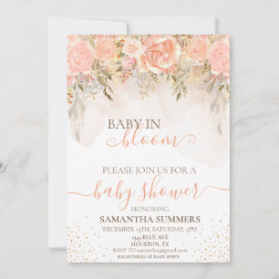 Convite Chá de Bebê de Flor de Pêssego em Aquarela Boho 