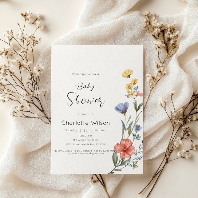Convite Chá de Bebê de Flor Silvestre em Aquarela (Criador carregado)