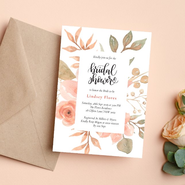 Convite Chá de Bebê de Florais e Folhagens em Aquarela Ele (Elegant watercolor floral greenery invitation creates a fresh, romantic bridal shower tone)