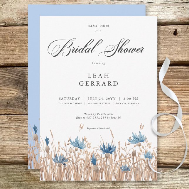 Convite Chá de Bebê de Flores do Campo & Trigo (Blue Cornflowers & Wheat Field Bridal Shower Invitation)