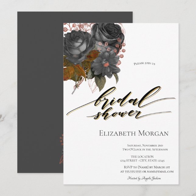 Convite Chá de Bebê de Flores Pretas Elegantes (Frente/Verso)