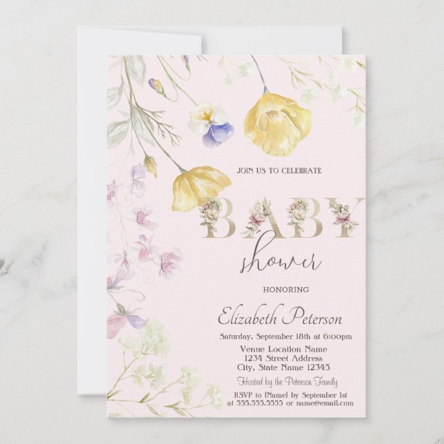 Convite Chá de Bebê de Flores Silvestres em Aquarela (Frente)