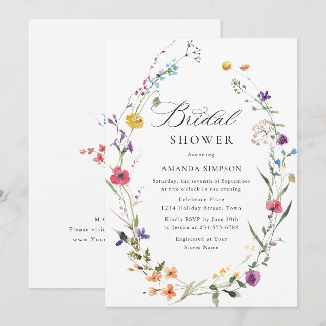 Convite Chá de Bebê de Flores Silvestres em Aquarela Elega (Frente/Verso)
