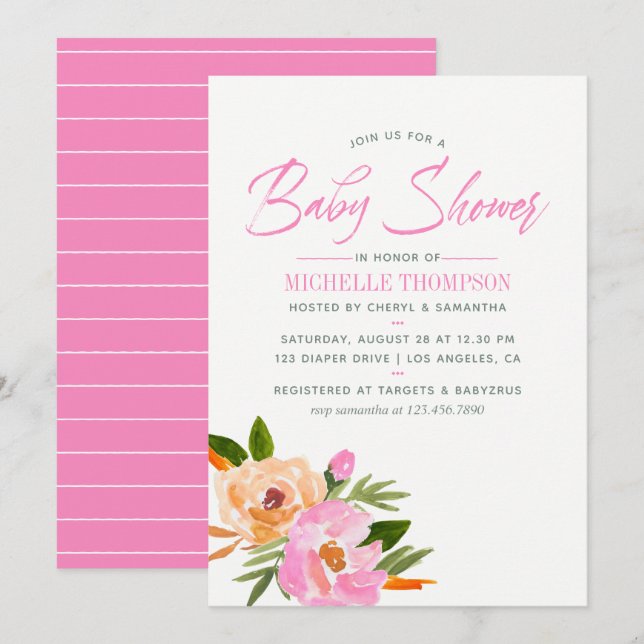 Convite Chá de Bebê de flores silvestres em aquarela rosa (Frente/Verso)