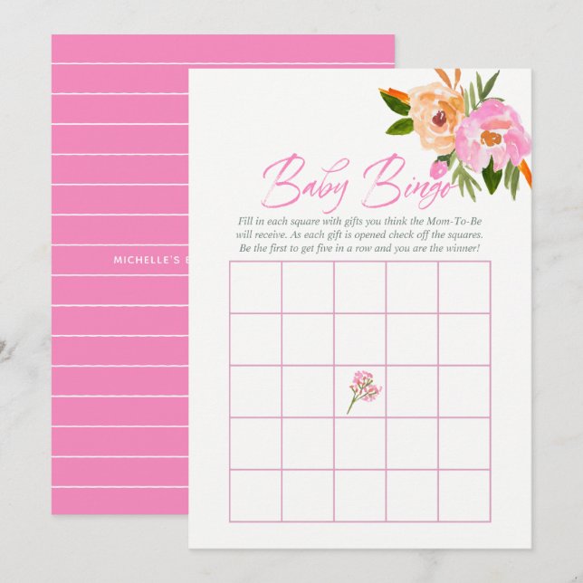 Convite Chá de bebê de flores silvestres em aquarela rosa  (Frente/Verso)
