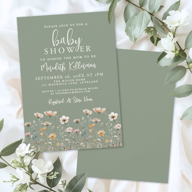 Convite Chá de Bebê de Flores Silvestres em Verde Salvia (Sage Green Wildflower Baby Shower Invitation)