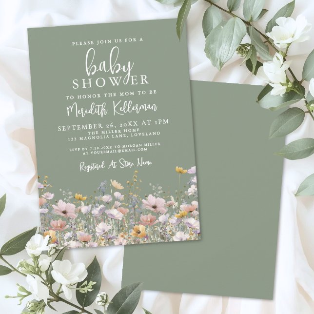 Convite Chá de Bebê de Flores Silvestres em Verde Sálvia (Sage Green Wildflower Baby Shower Invitation)