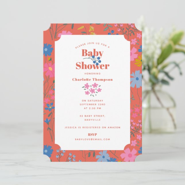 Convite Chá de Bebê de Flores Vermelhas Boho Modernas (Em pé/Frente)