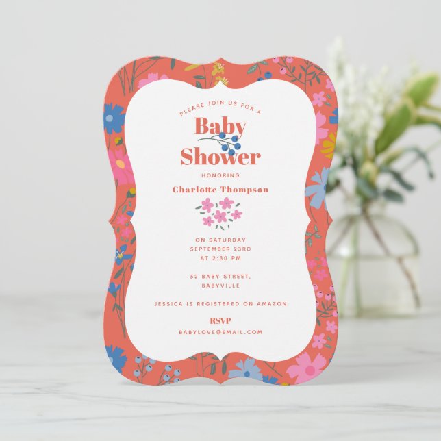 Convite Chá de Bebê de Flores Vermelhas Boho Modernas (Em pé/Frente)