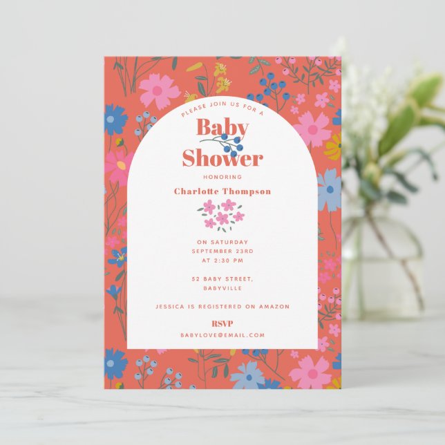 Convite Chá de Bebê de Flores Vermelhas Boho Modernas (Em pé/Frente)