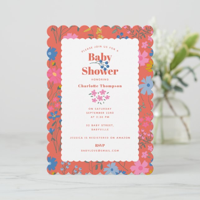 Convite Chá de Bebê de Flores Vermelhas Boho Modernas (Em pé/Frente)