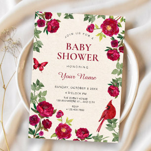 Convite Chá de bebê de flores vermelhas ramificadas