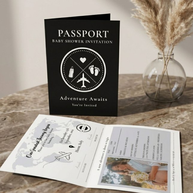 Convite Chá de Bebê de Foto de Passaporte Preto Elegante (Criador carregado)