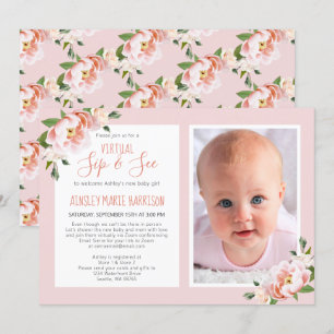 Convite Chá de Bebê de Foto Floral Rosa Blush Virtual