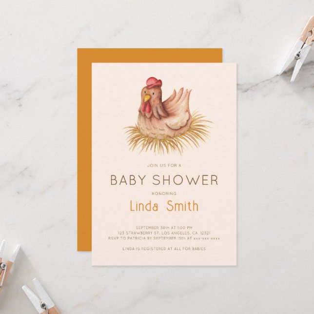 Convite Chá de Bebê de Frango Boho Adorável em Aquarela (Frente/Verso In Situ)