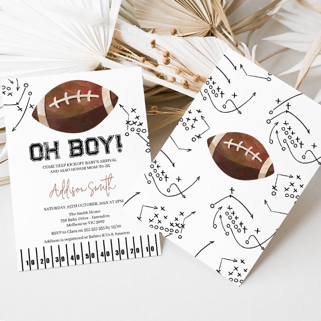 Convite Chá de Bebê de Futebol Preto e Branco (Oh boy football baby shower invitation with sidelines and football plays.)