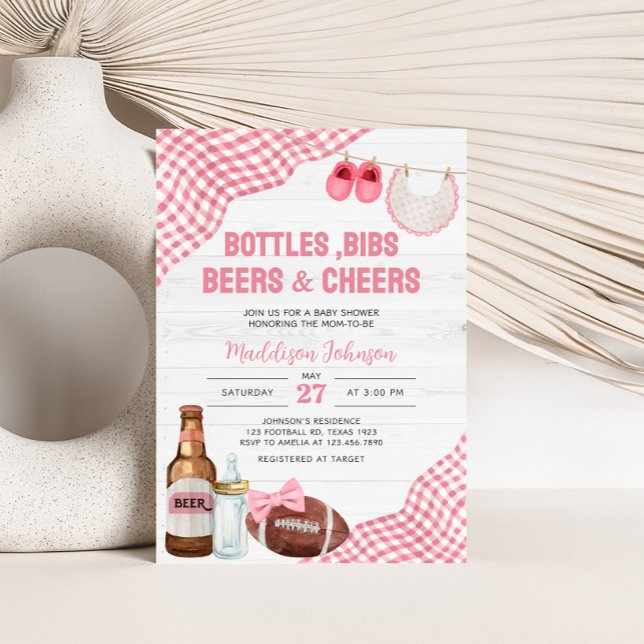 Convite Chá de Bebê de Futebol Rosa (Bottles, Bibs, Beers & Cheers Baby Shower Invitation)
